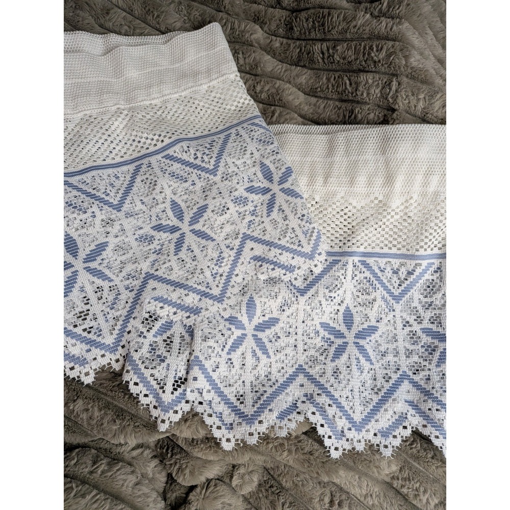 Vintage Louis Hornick Blue & White Floral Lace Cafe Valances 56" Cottagecore